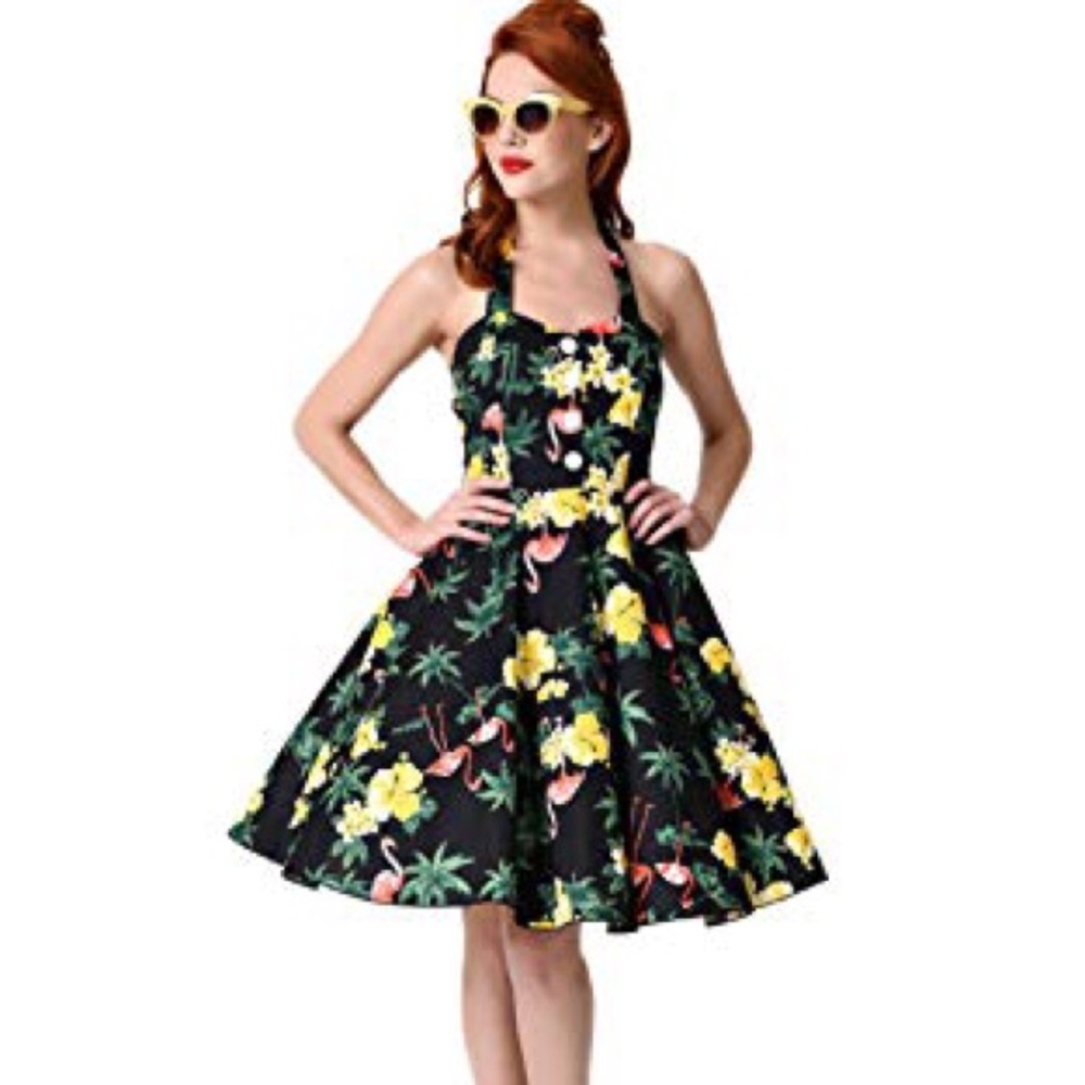 Retro Flamingo Halter Dress Small